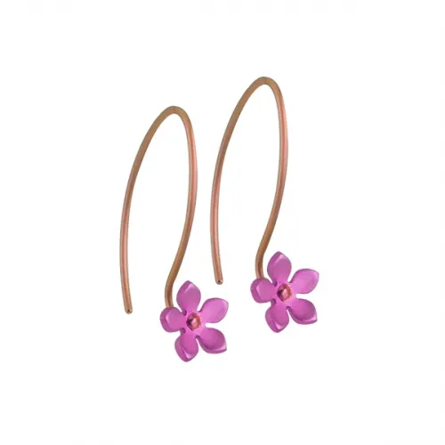 Small Five Petal Pink Flower Hook Drop Earrings